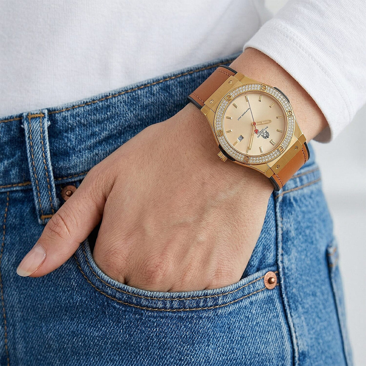 TJC 20TH ANNIVERSARY COMMISSION EXCLUSIVE - WILLIAM HUNT Limited Edition Epson Solar AS32 Movt. 5ATM WR Gold Sunshine &amp; Moissanite Dial &amp; Gold Case Watch with Coffee Strap (Adjustable) V32530246 3