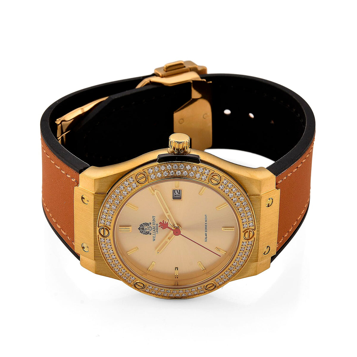 TJC 20TH ANNIVERSARY COMMISSION EXCLUSIVE - WILLIAM HUNT Limited Edition Epson Solar AS32 Movt. 5ATM WR Gold Sunshine &amp; Moissanite Dial &amp; Gold Case Watch with Coffee Strap (Adjustable) V32530246 5
