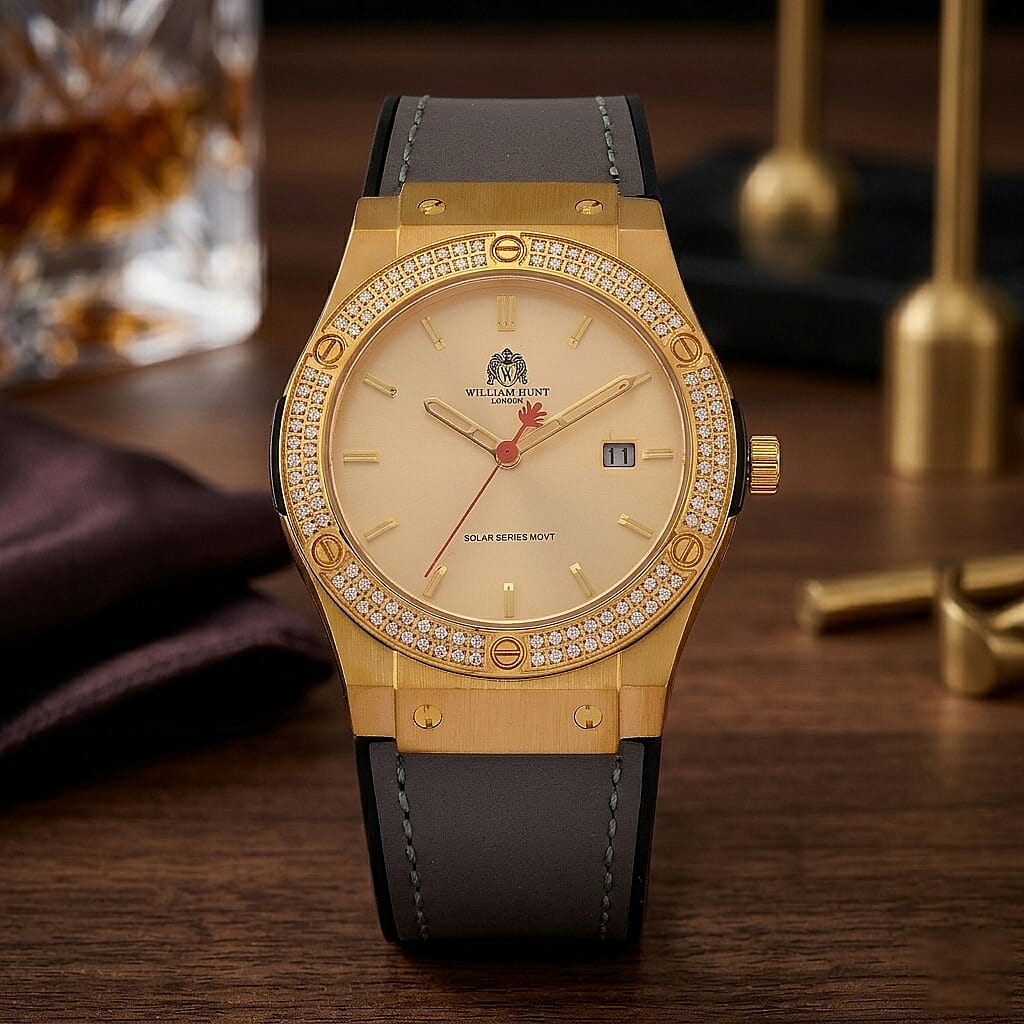 TJC 20TH ANNIVERSARY COMMISSION EXCLUSIVE - WILLIAM HUNT Limited Edition Epson Solar AS32 Movt. 5ATM WR Gold Sunshine &amp; Moissanite Dial &amp; Gold Case Watch with Black Strap (Adjustable) 8537032 2