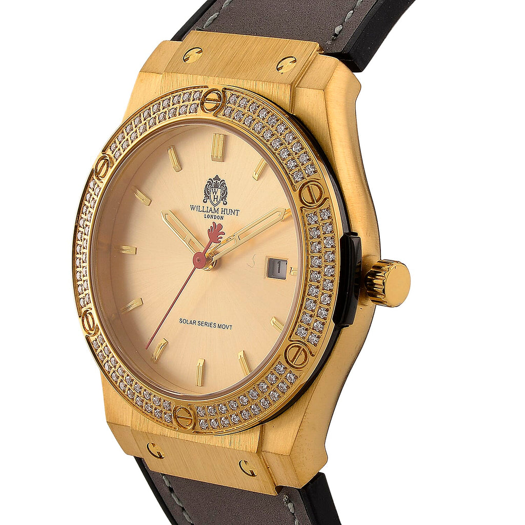 TJC 20TH ANNIVERSARY COMMISSION EXCLUSIVE - WILLIAM HUNT Limited Edition Epson Solar AS32 Movt. 5ATM WR Gold Sunshine & Moissanite Dial & Gold Case Watch with Black Strap (Adjustable)