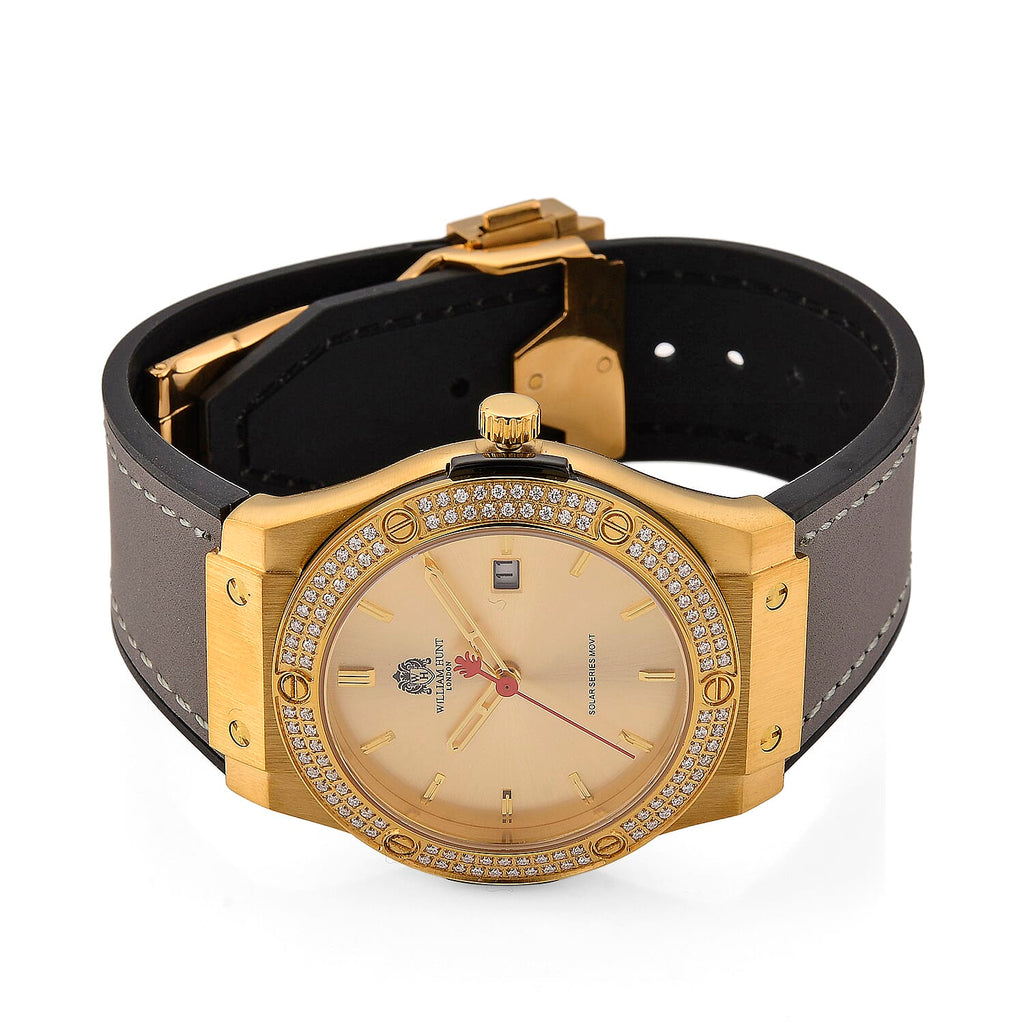 TJC 20TH ANNIVERSARY COMMISSION EXCLUSIVE - WILLIAM HUNT Limited Edition Epson Solar AS32 Movt. 5ATM WR Gold Sunshine & Moissanite Dial & Gold Case Watch with Black Strap (Adjustable)
