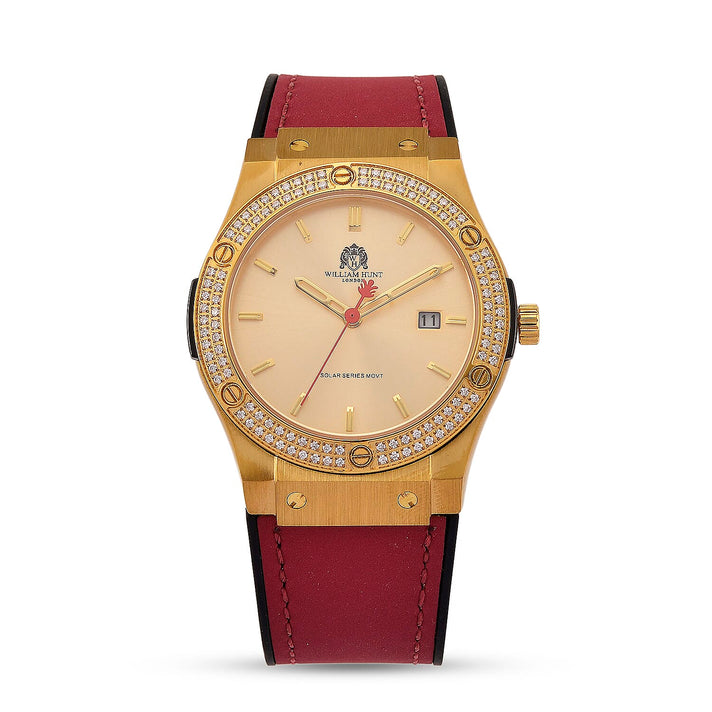 TJC 20TH ANNIVERSARY COMMISSION EXCLUSIVE - WILLIAM HUNT Limited Edition Epson Solar AS32 Movt. 5ATM WR Gold Sunshine &amp; Moissanite Dial &amp; Gold Case Watch with Red Strap (Adjustable) 8537033 1