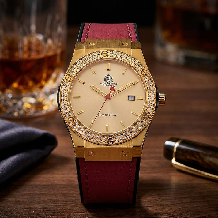 TJC 20TH ANNIVERSARY COMMISSION EXCLUSIVE - WILLIAM HUNT Limited Edition Epson Solar AS32 Movt. 5ATM WR Gold Sunshine &amp; Moissanite Dial &amp; Gold Case Watch with Red Strap (Adjustable) 8537033 2