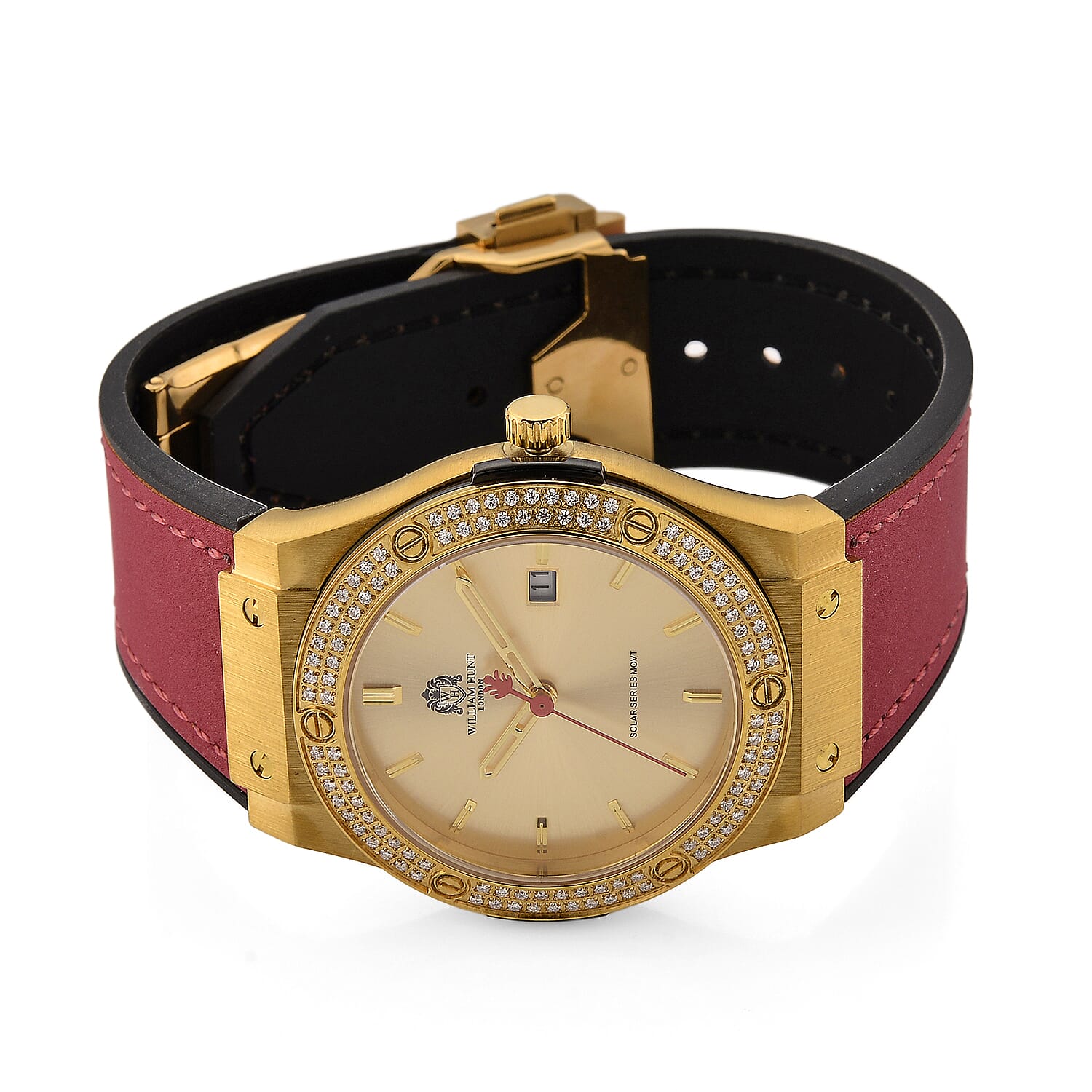 TJC 20TH ANNIVERSARY COMMISSION EXCLUSIVE - WILLIAM HUNT Limited Edition Epson Solar AS32 Movt. 5ATM WR Gold Sunshine &amp; Moissanite Dial &amp; Gold Case Watch with Red Strap (Adjustable) 8537033 5