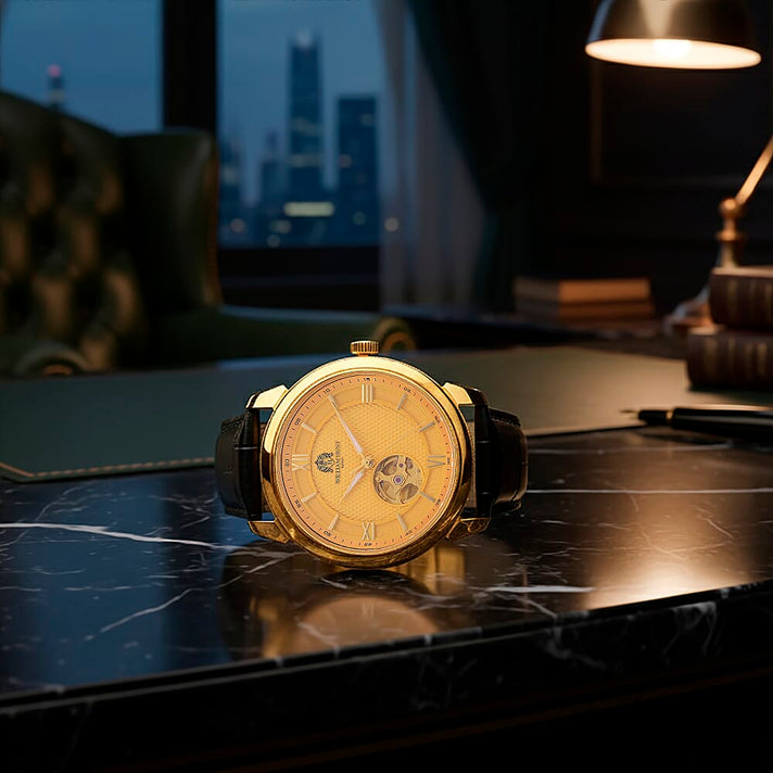 WILLIAM HUNT Limited Edition Heritage Automatic Watch with Adjustable Black Leather Strap - 5ATM Water Resistancy &amp; Sapphire Crystal Glass - Gold 8252846 2