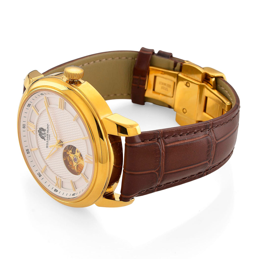 WILLIAM HUNT Limited Edition Heritage Automatic Watch with Adjustable Black Leather Strap - 5ATM Water Resistancy & Sapphire Crystal Glass - White