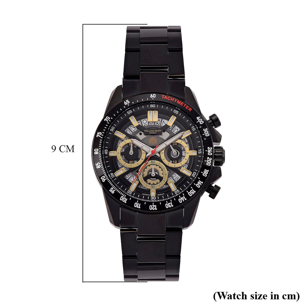 WILLIAM HUNT Seiko VD53 Japan Quartz 5ATM WR Black Dial & Black Case Mens Watch with Black Stainless Steel Strap