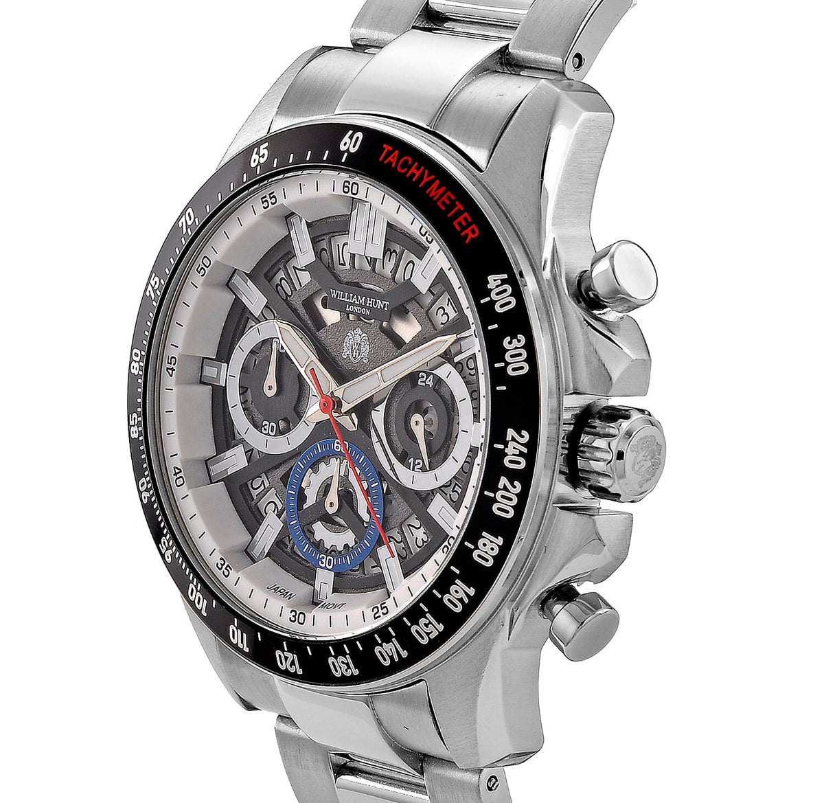 WILLIAM HUNT Seiko VD53 Japan Quartz 5ATM WR Black Dial &amp; Silver Case Mens Watch with Silver Stainless Steel Strap V32530839 4