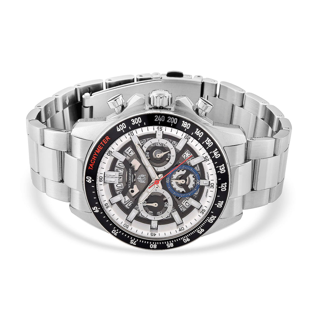 WILLIAM HUNT Seiko VD53 Japan Quartz 5ATM WR Black Dial & Silver Case Mens Watch with Silver Stainless Steel Strap