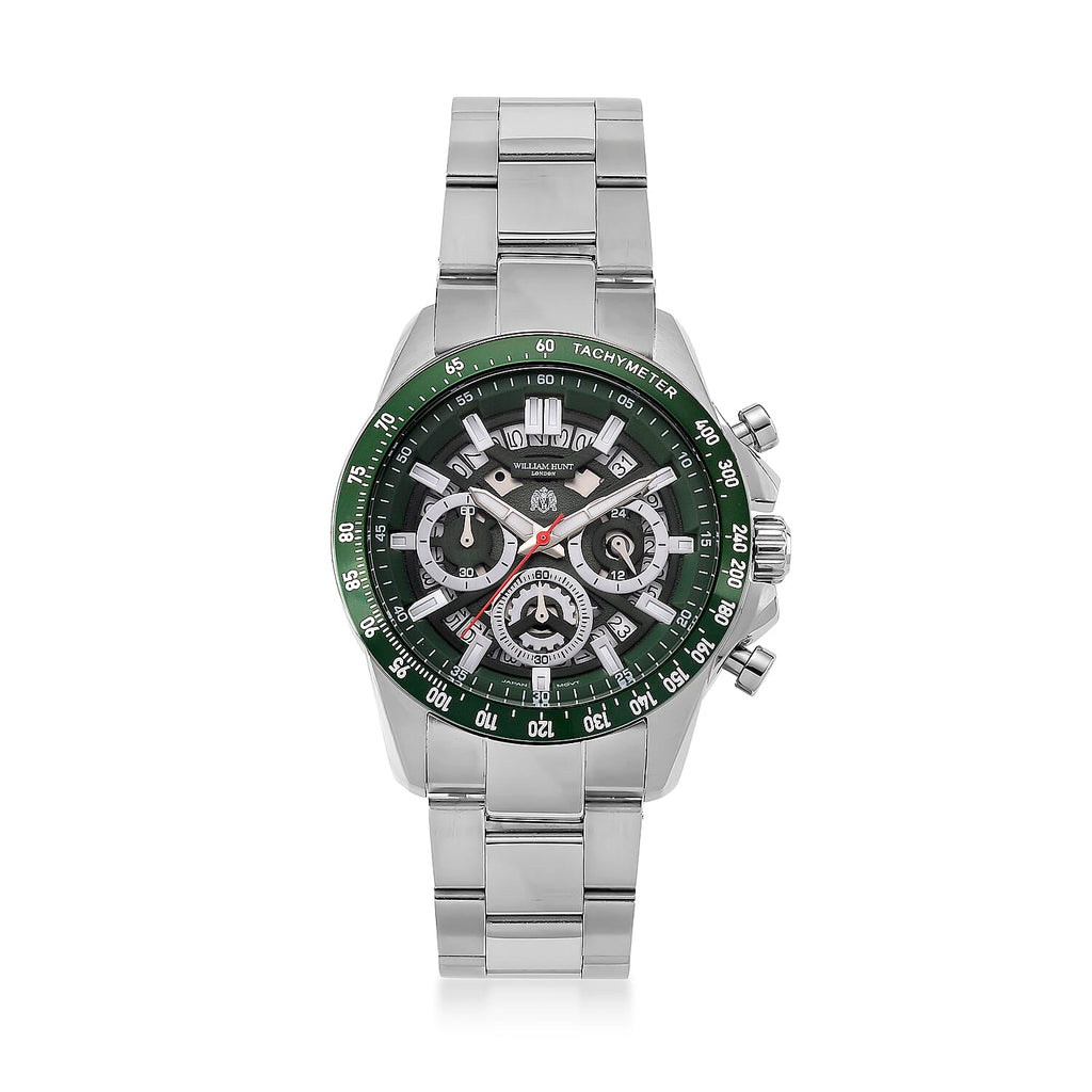 WILLIAM HUNT Seiko VD53 Japan Quartz 5ATM WR Green Dial & Silver Case Mens Watch with Silver Stainless Steel Strap