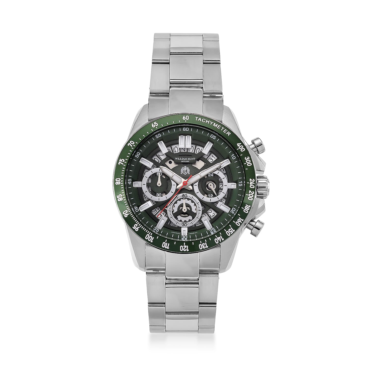 WILLIAM HUNT Seiko VD53 Japan Quartz 5ATM WR Green Dial &amp; Silver Case Mens Watch with Silver Stainless Steel Strap V32535171 0