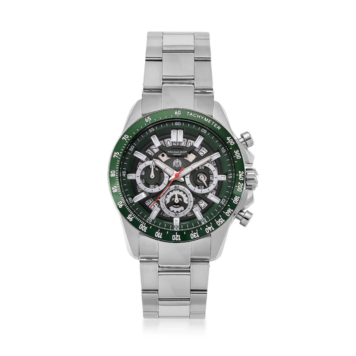 WILLIAM HUNT Seiko VD53 Japan Quartz 5ATM WR Green Dial &amp; Silver Case Mens Watch with Silver Stainless Steel Strap 8576273 1