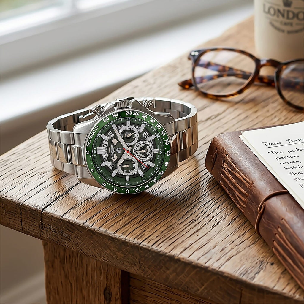 WILLIAM HUNT Seiko VD53 Japan Quartz 5ATM WR Green Dial & Silver Case Mens Watch with Silver Stainless Steel Strap