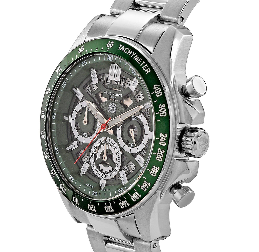 WILLIAM HUNT Seiko VD53 Japan Quartz 5ATM WR Green Dial & Silver Case Mens Watch with Silver Stainless Steel Strap