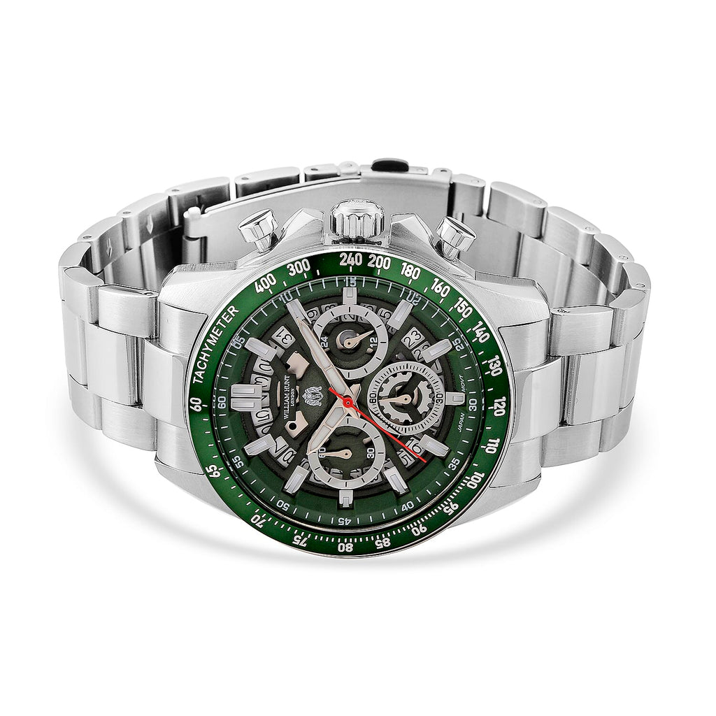 WILLIAM HUNT Seiko VD53 Japan Quartz 5ATM WR Green Dial & Silver Case Mens Watch with Silver Stainless Steel Strap