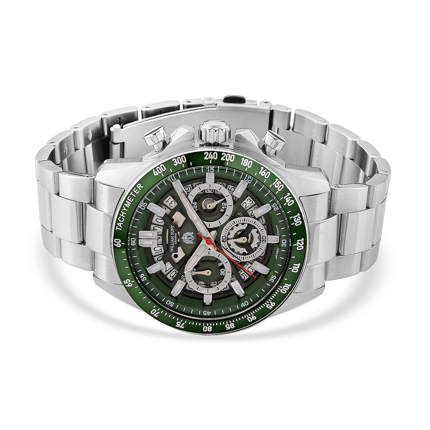 WILLIAM HUNT Seiko VD53 Japan Quartz 5ATM WR Green Dial &amp; Silver Case Mens Watch with Silver Stainless Steel Strap V32535171 5