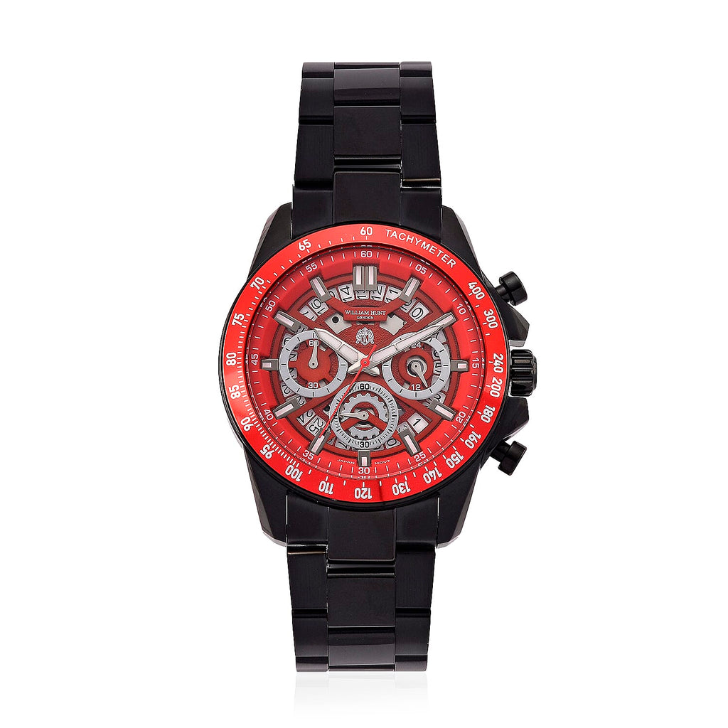 WILLIAM HUNT Seiko VD53 Japan Quartz 5ATM WR Red Dial & Black Case Mens Watch with Black Stainless Steel Strap