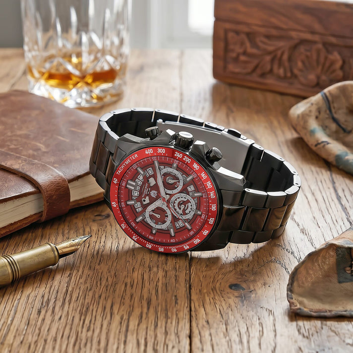WILLIAM HUNT Seiko VD53 Japan Quartz 5ATM WR Red Dial &amp; Black Case Mens Watch with Black Stainless Steel Strap 8576278 2
