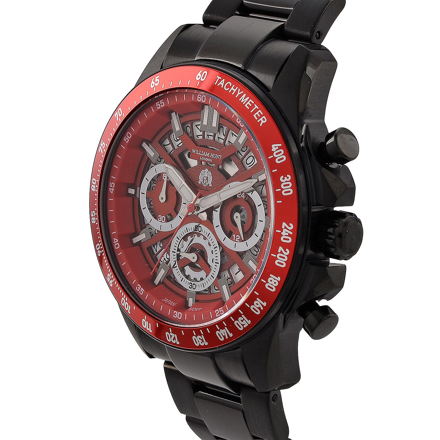 WILLIAM HUNT Seiko VD53 Japan Quartz 5ATM WR Red Dial &amp; Black Case Mens Watch with Black Stainless Steel Strap V32521931 4