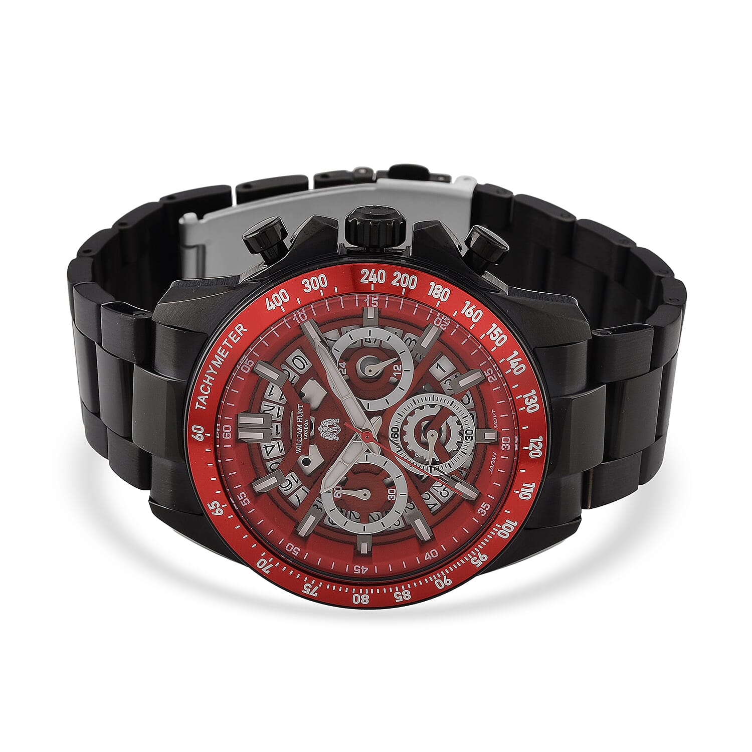 WILLIAM HUNT Seiko VD53 Japan Quartz 5ATM WR Red Dial &amp; Black Case Mens Watch with Black Stainless Steel Strap V32521931 5