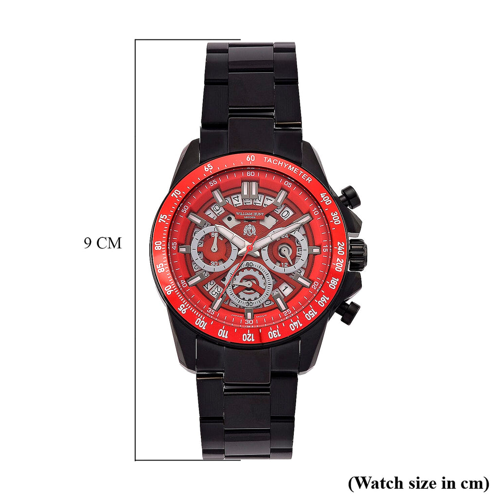 WILLIAM HUNT Seiko VD53 Japan Quartz 5ATM WR Red Dial & Black Case Mens Watch with Black Stainless Steel Strap