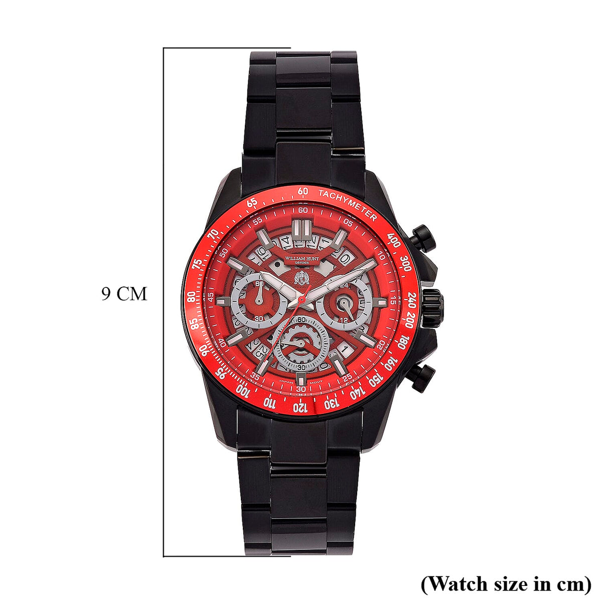 WILLIAM HUNT Seiko VD53 Japan Quartz 5ATM WR Red Dial &amp; Black Case Mens Watch with Black Stainless Steel Strap V32521931 8