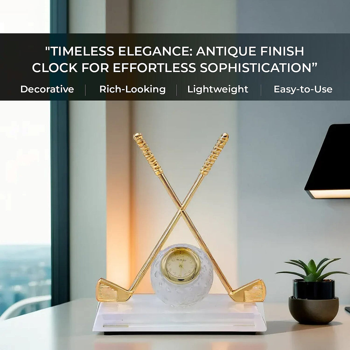 WILLIAM WIDDOP Miniature Clock - Crossed Golf Clubs with Glass Ball in Gold Tone 6083957 1