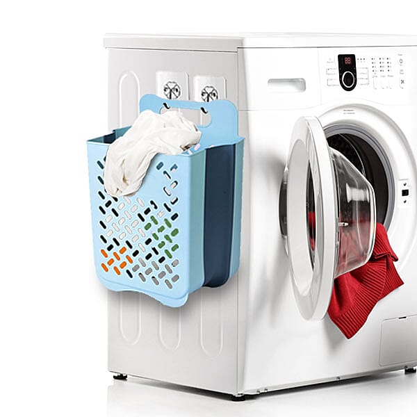 Wall Mountable Laundry Basket with 3 Label Stickers and 2 Adhesive Hooks - White and Blue 6253949 1