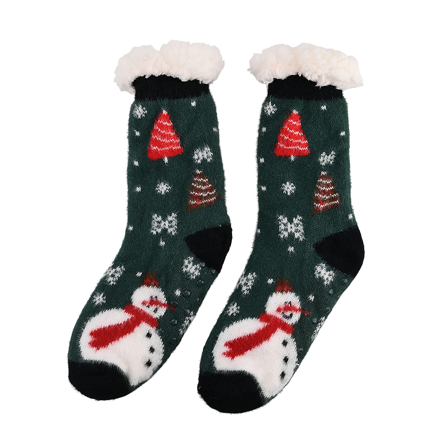 Christmas Snowman Design Warm Sherpa Socks - Dark Green 8204286 0