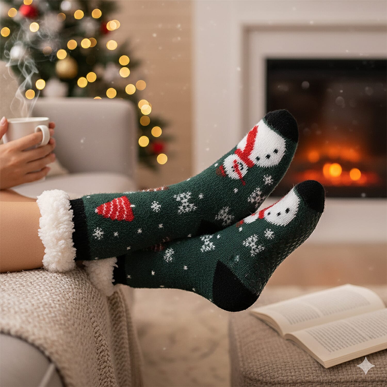 Christmas Snowman Design Warm Sherpa Socks - Dark Green 8204286 2