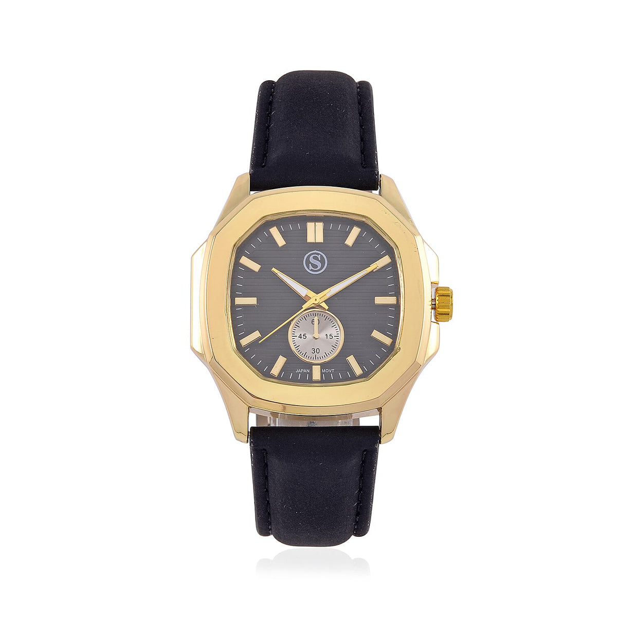 STRADA Japanese Movement Black Dial Water Resistant Watch with Stainless Steel Back in Gold Tone &amp; Black Leather Strap 7581731 0