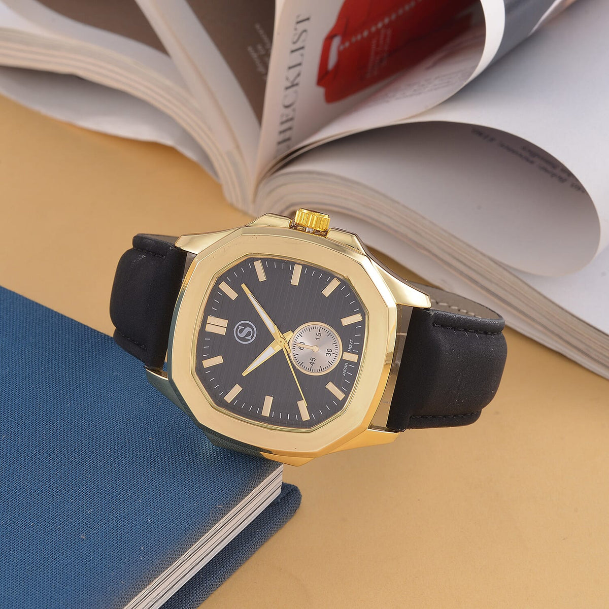 STRADA Japanese Movement Black Dial Water Resistant Watch with Stainless Steel Back in Gold Tone &amp; Black Leather Strap 7581731 2