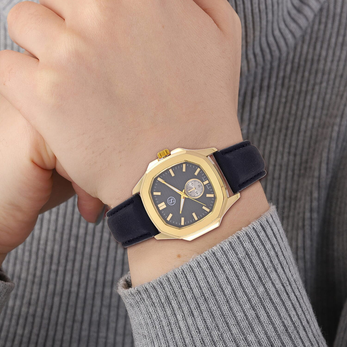 STRADA Japanese Movement Black Dial Water Resistant Watch with Stainless Steel Back in Gold Tone &amp; Black Leather Strap 7581731 3