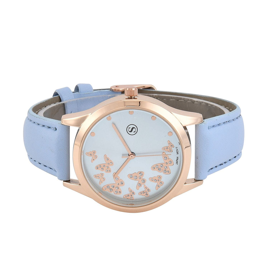 STRADA Japanese Movement Butterfly Pattern Water Resistant Watch with Light Blue Strap