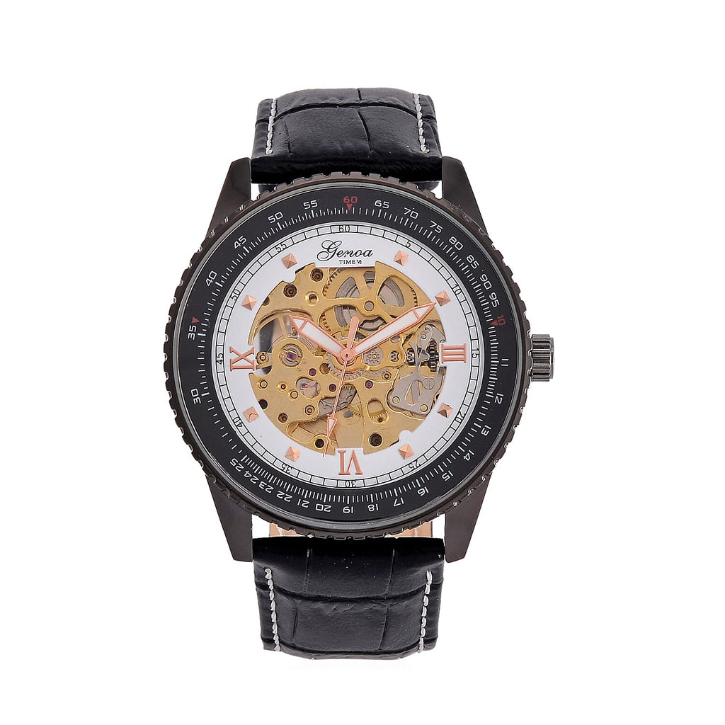 GENOA Automatic Movt. 3ATM WR White Dial Watch with Black Leather Strap