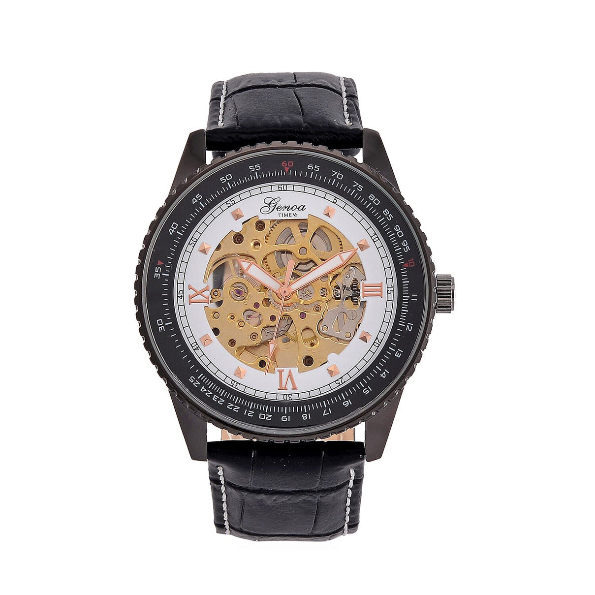 GENOA TIME V2 Automatic Movement Watch 3ATM Water Resistance With Skeleton Display Stylish Black Leather Strap 7792848 0