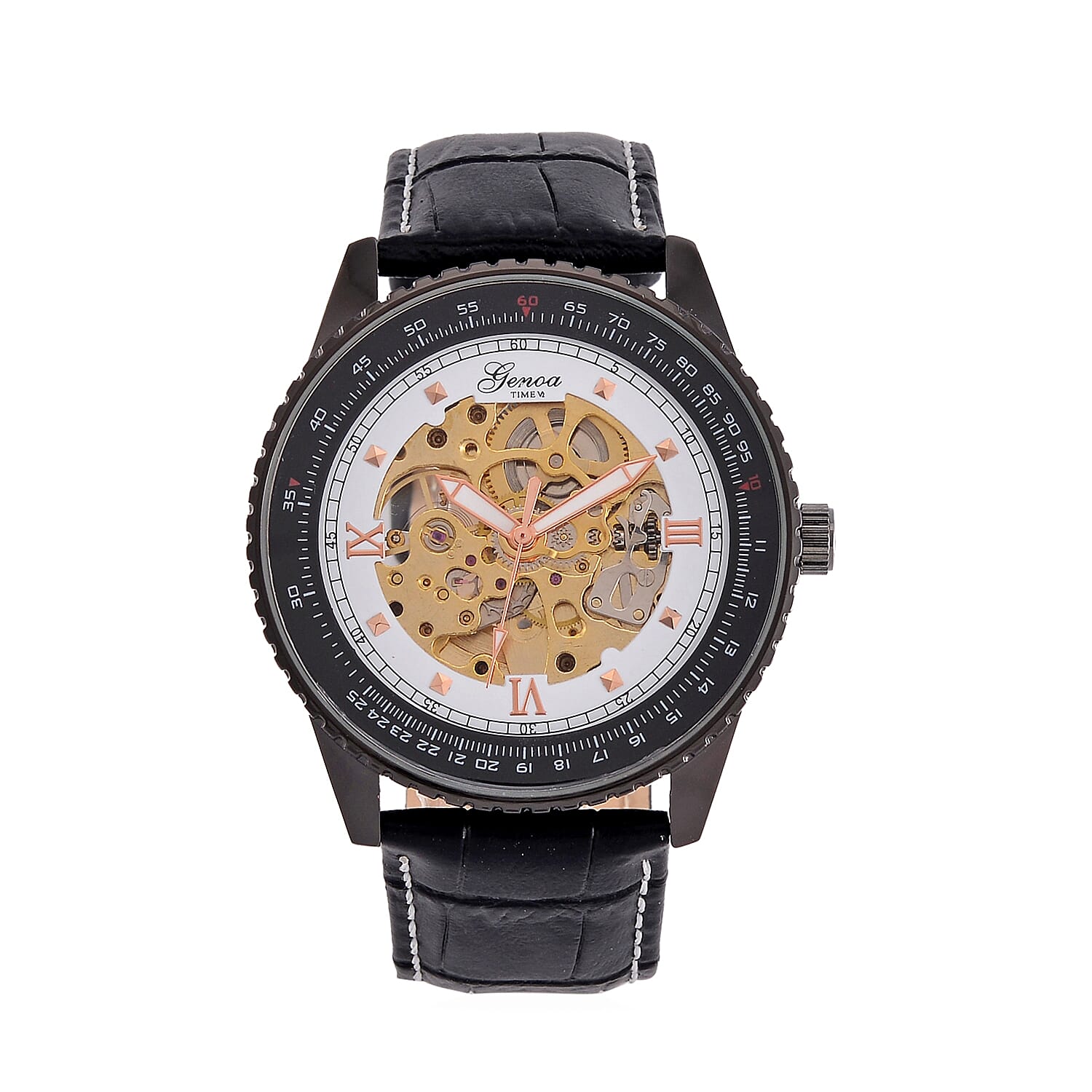 GENOA TIME V2 Automatic Movement Watch 3ATM Water Resistance With Skeleton Display Stylish Black Leather Strap 7792848 0