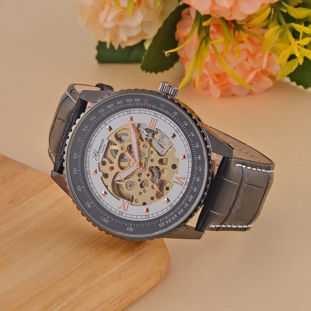 GENOA Automatic Movt. 3ATM WR White Dial Watch with Black Leather Strap