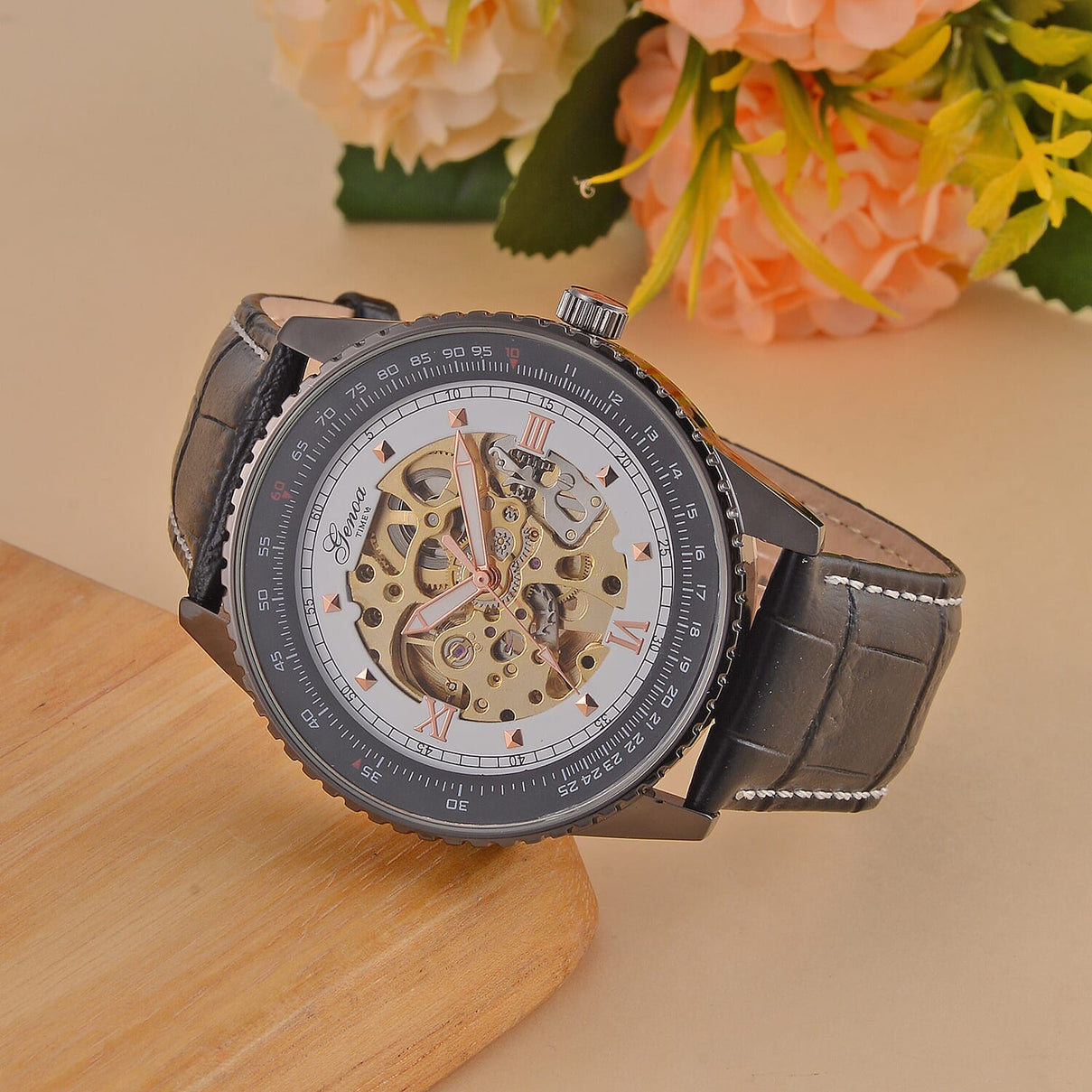 GENOA TIME V2 Automatic Movement Watch 3ATM Water Resistance With Skeleton Display Stylish Black Leather Strap 7792848 1