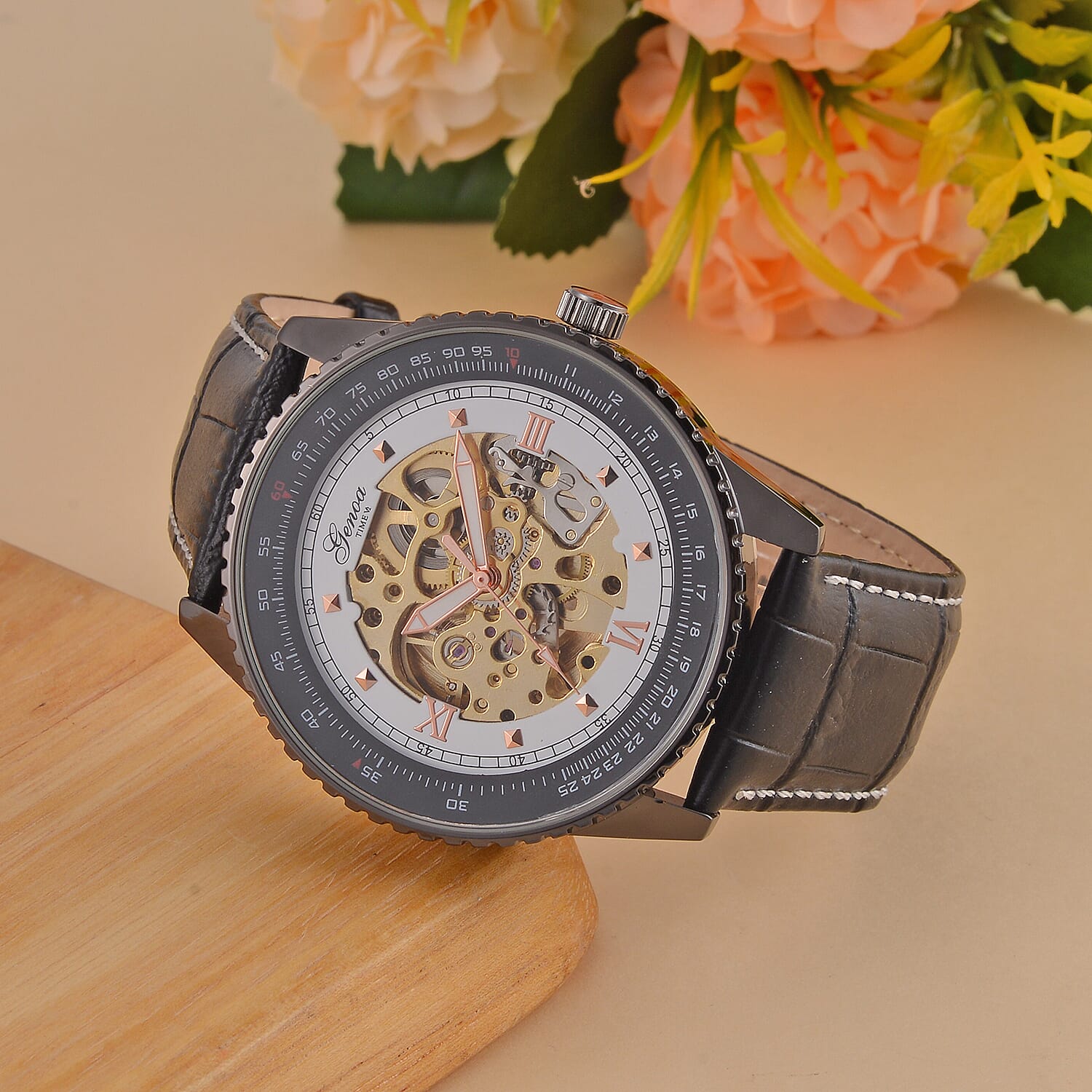 GENOA TIME V2 Automatic Movement Watch 3ATM Water Resistance With Skeleton Display Stylish Black Leather Strap 7792848 1