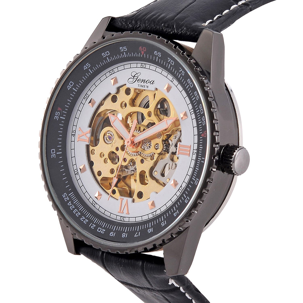 GENOA Automatic Movt. 3ATM WR White Dial Watch with Black Leather Strap