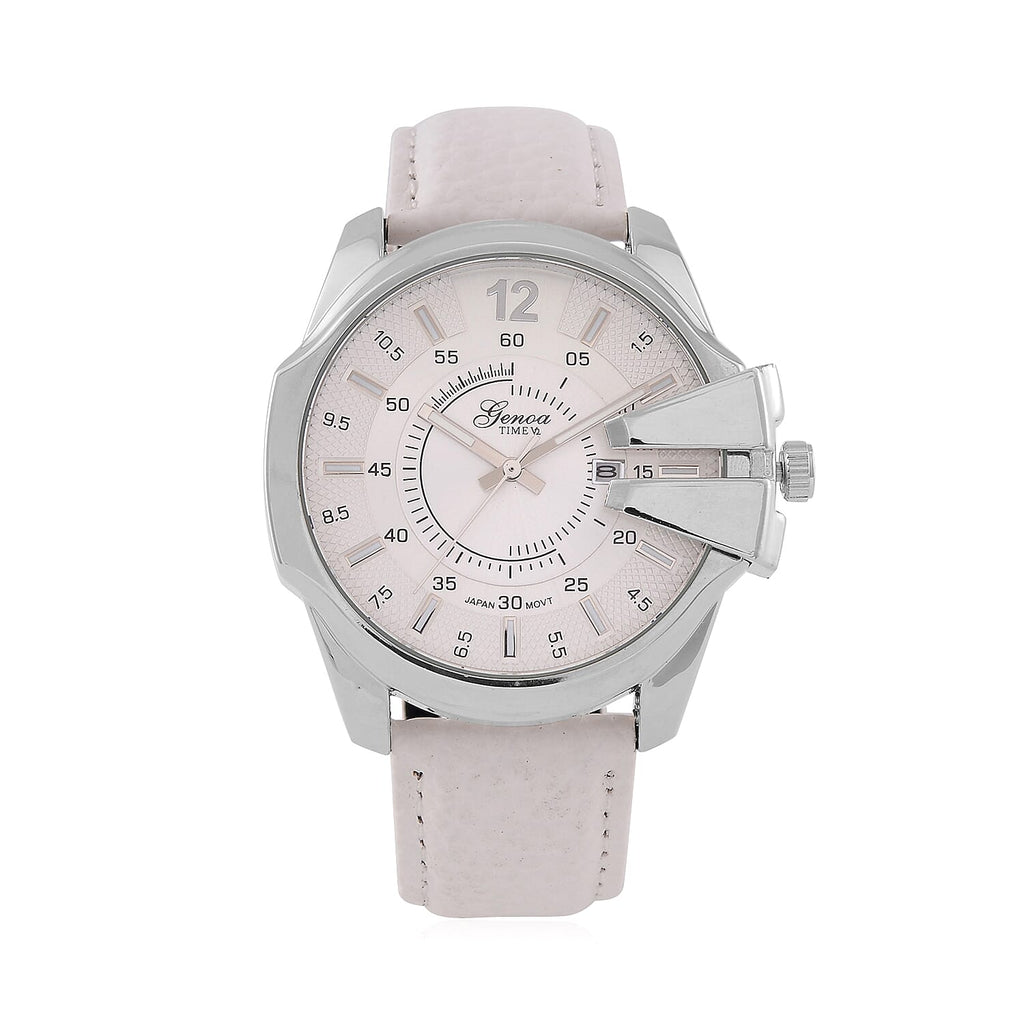GENOA Japan Movt. 3ATM WR Silver Dial Watch with White Leather Strap