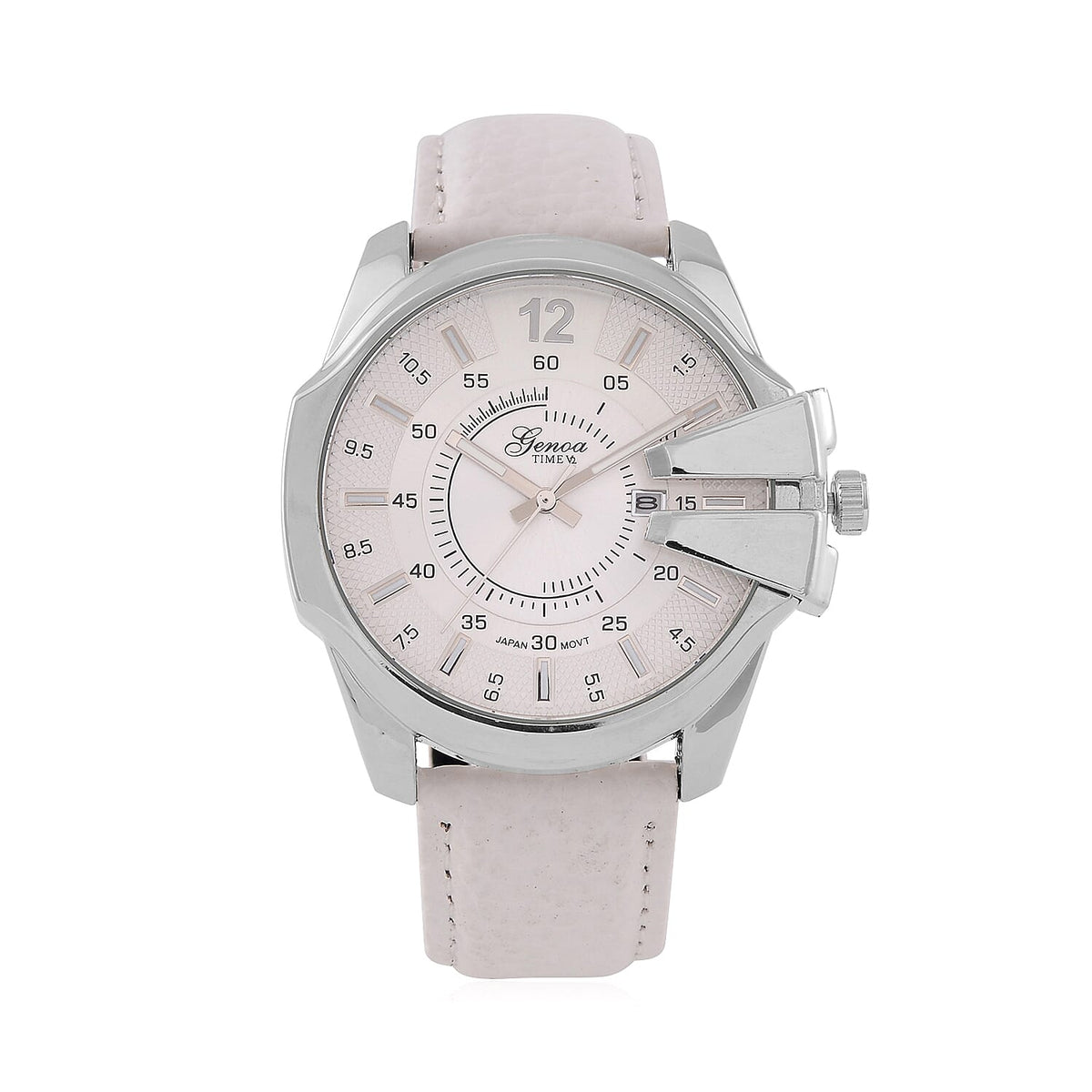 GENOA Japan Movt. 3ATM WR Silver Dial Watch with White Leather Strap 7843452 0