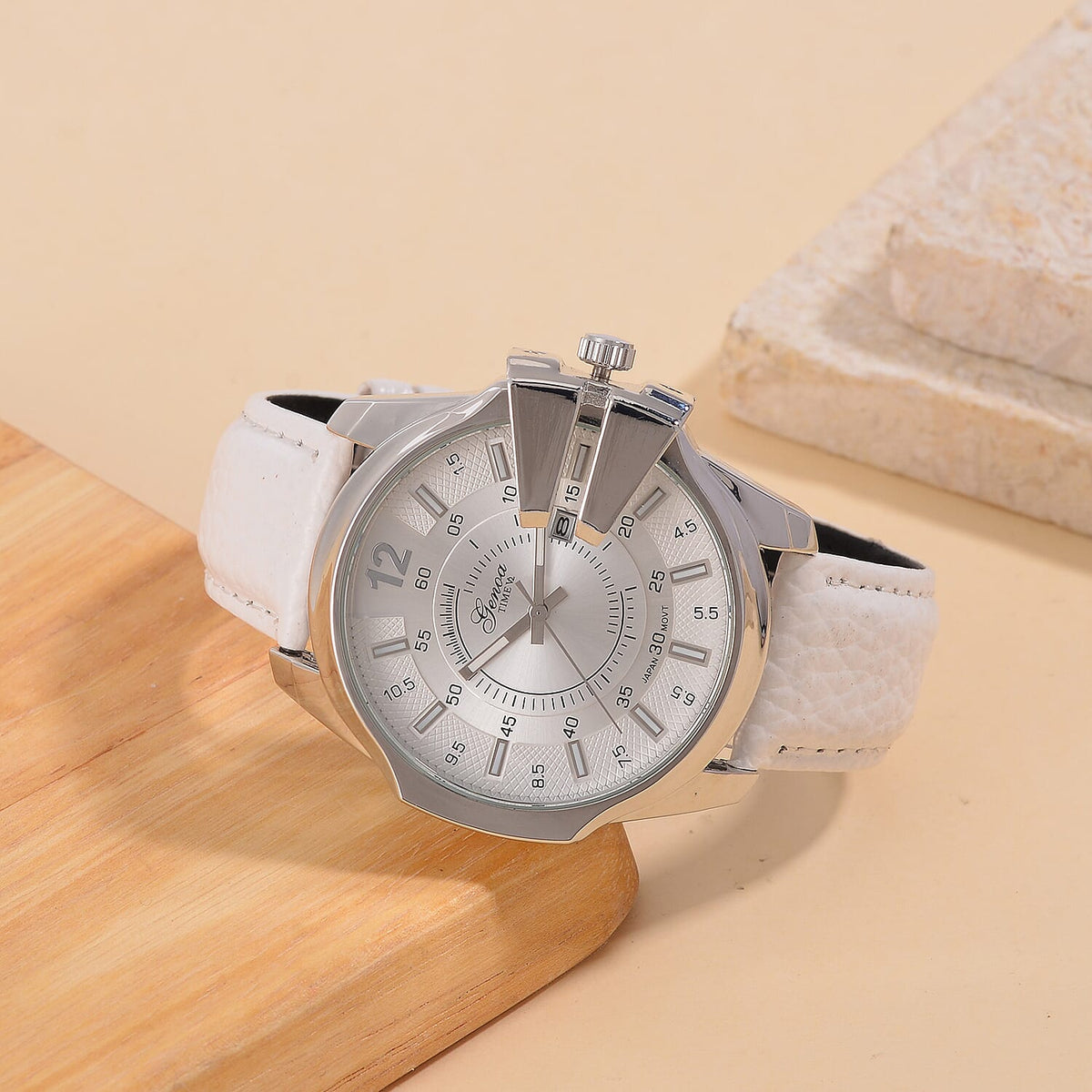 GENOA Japan Movt. 3ATM WR Silver Dial Watch with White Leather Strap 7843452 2
