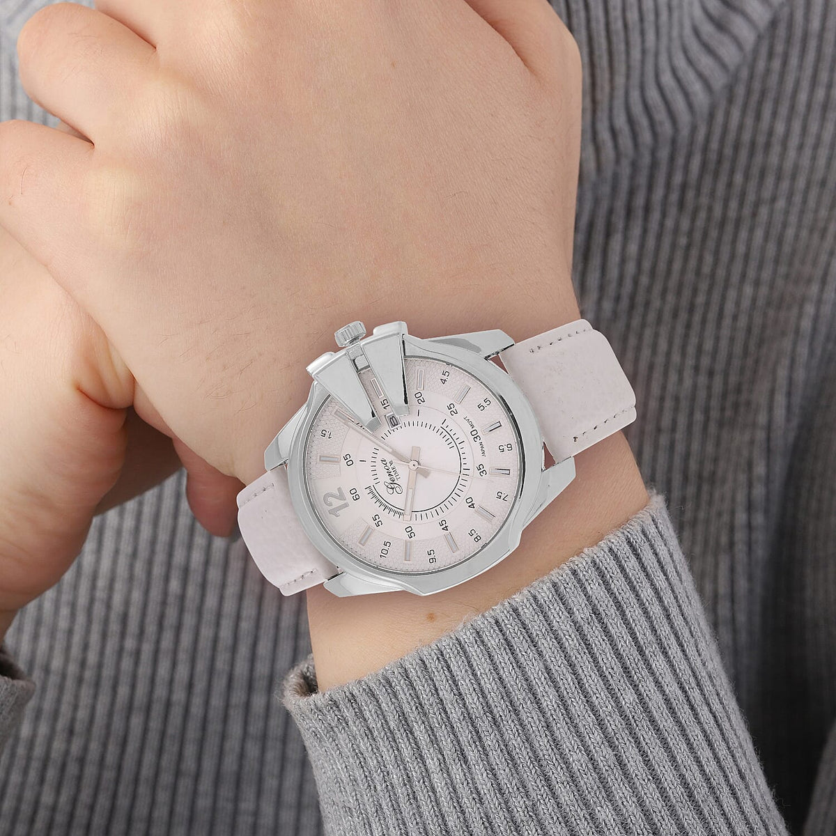 GENOA Japan Movt. 3ATM WR Silver Dial Watch with White Leather Strap 7843452 3