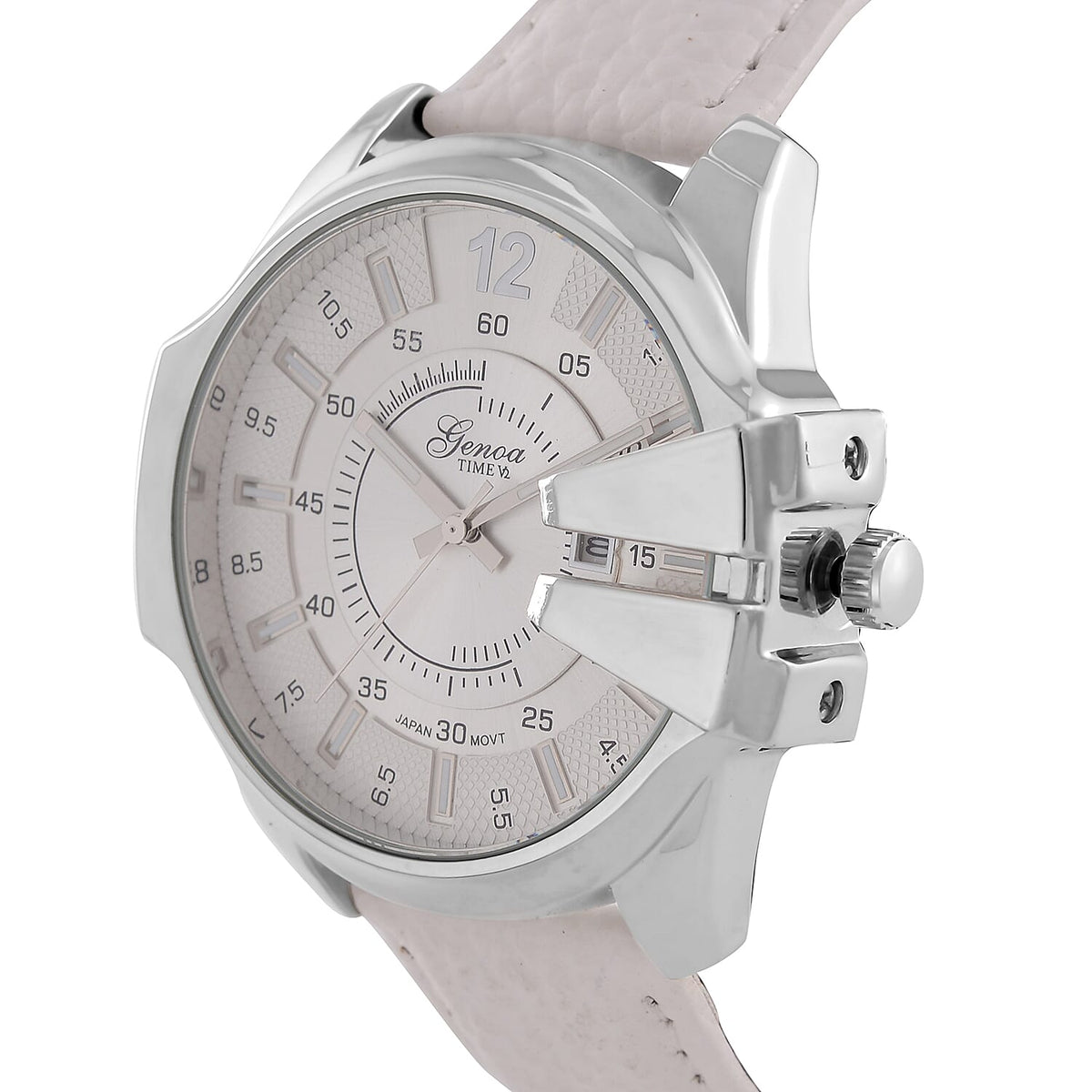 GENOA Japan Movt. 3ATM WR Silver Dial Watch with White Leather Strap 7843452 4