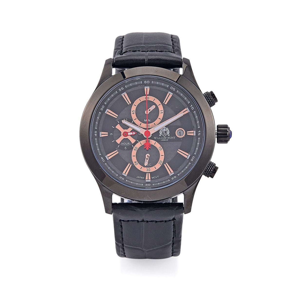 William Hunt Multifunction Japanese Movement Black Dial 5 ATM Water Resistant Watch with Black Leather Strap 7672010 0