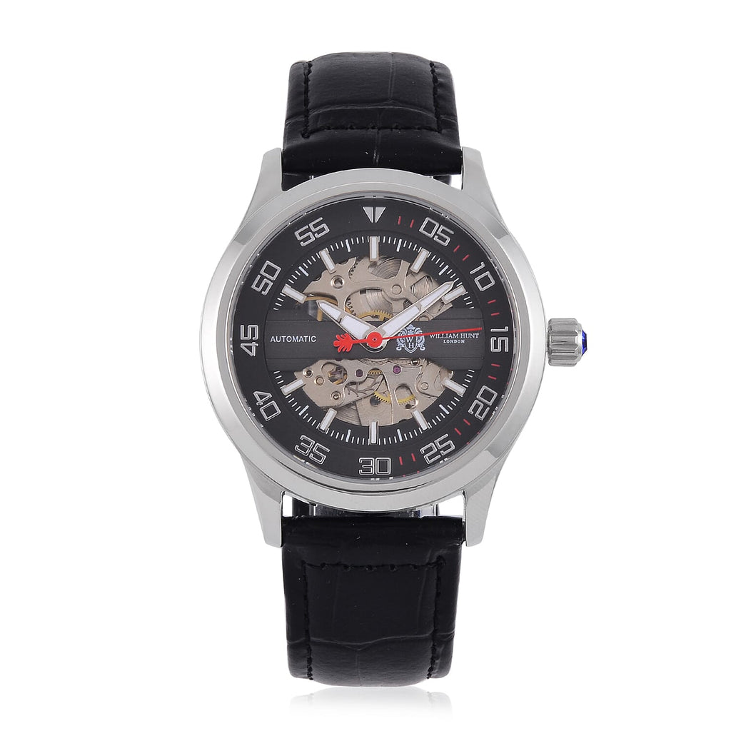 WILLIAM HUNT 5 ATM Water Resistant Automatic Movt. Watch in Silver Tone with Black Leather Strap
