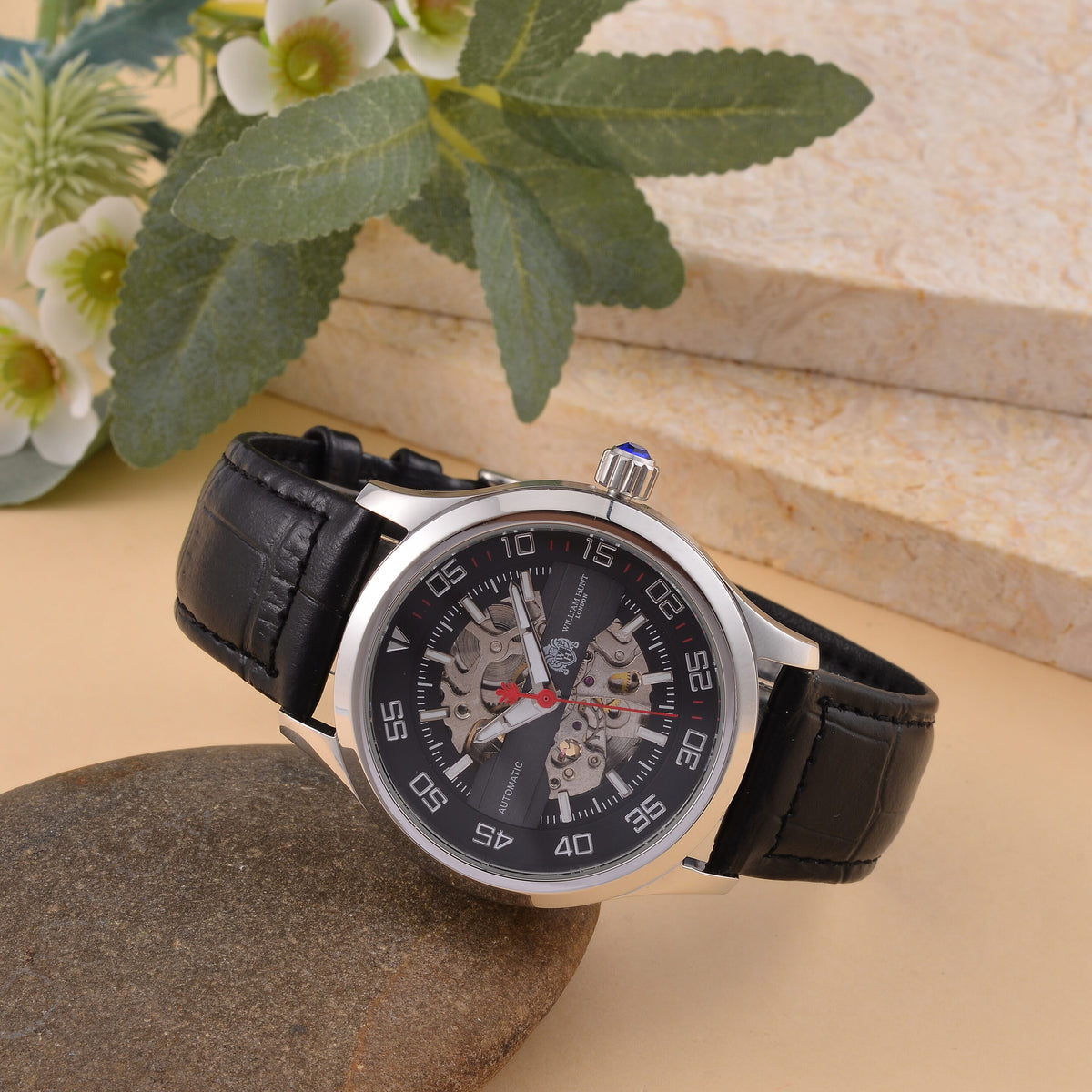 WILLIAM HUNT 5 ATM Water Resistant Automatic Movt. Watch in Silver Tone with Black Leather Strap 7703125 2