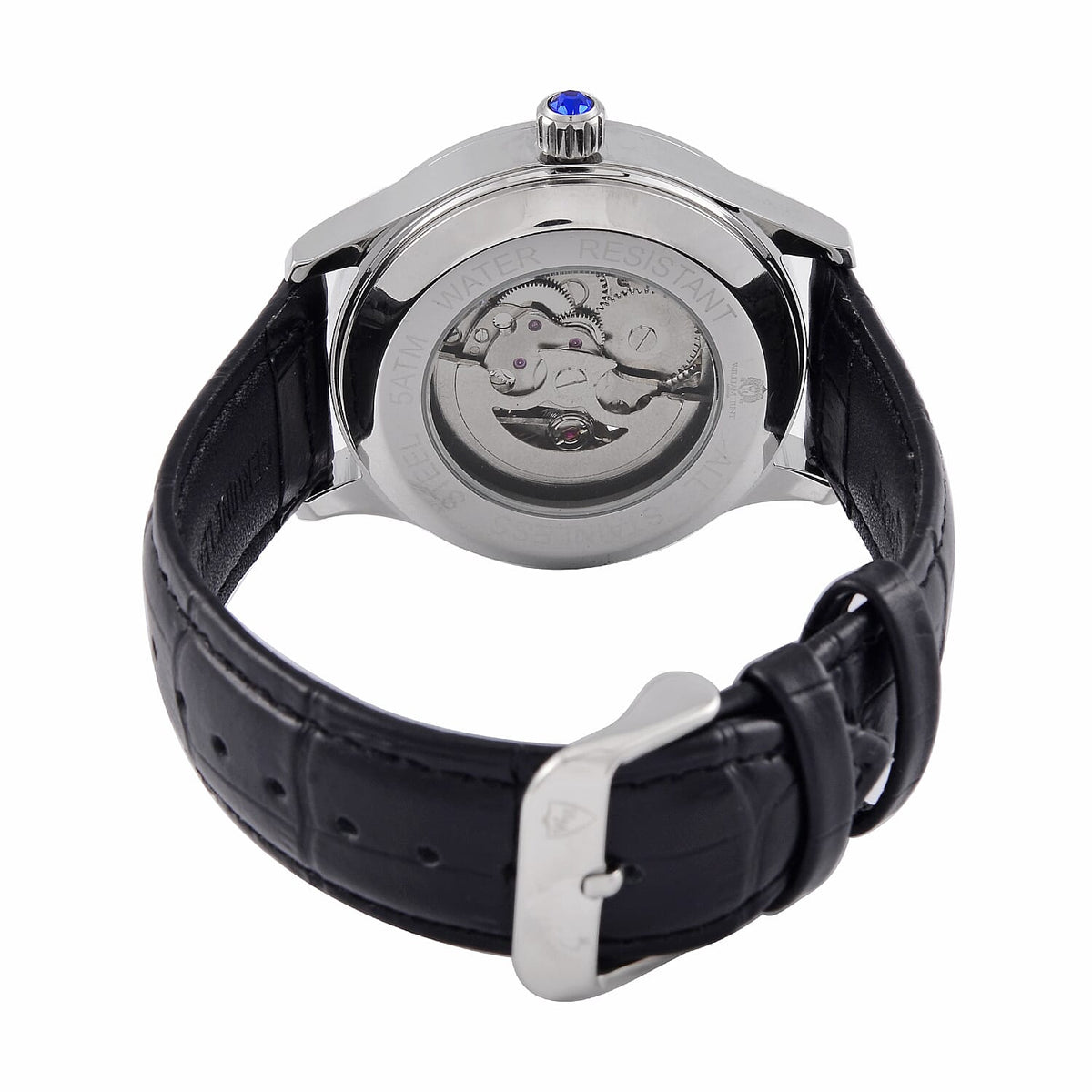 WILLIAM HUNT 5 ATM Water Resistant Automatic Movt. Watch in Silver Tone with Black Leather Strap 7703125 7